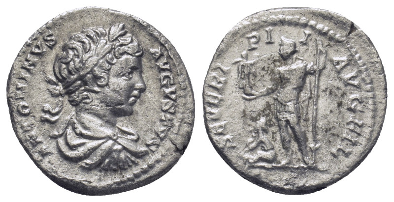 Caracalla AR Denarius. (17mm, 2.64 g) Rome, AD 199-201. Laureate and draped bust...