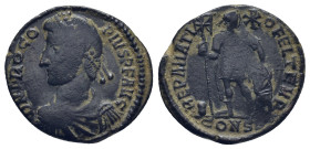 Procopius AD 364-367. AE. Nummus. Constantinople. (3.4 Gr. 18mm.)
Ppearl-diademed, draped and cuirassed bust left 
Rev. Emperor standing facing, head ...