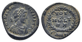 Theodosius I. A.D. 379-395. AE Antioch (1.67 Gr. 14mm.). 
Pearl diademed, draped and cuirassed bust of Theodosius I right 
Rev. VOT / X / MVLT / XX, V...