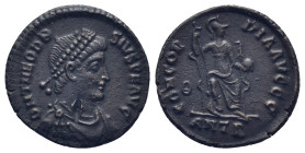 Theodosius I. AD 379-395. AE Follis Antiochia (2.5 Gr. 18mm.)
Pearl-diademed, draped and cuirassed bust right 
Rev. Concordia seated facing, head righ...