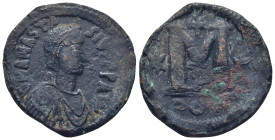 Anastasius I (AD 491-518). Æ follis (32mm, 16,47 g). Constantinople, 512-517. Diademed, draped, and cuirassed bust of Anastasius right / Large M; cros...