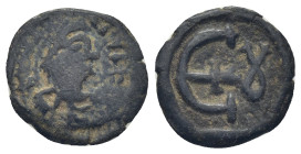 Justinian I Æ 5 Nummi. (15mm, 1.28 g) Antioch, AD 561-565. D N IVSTINIANVS PP AVG, diademed, draped and cuirassed bust right / E with cross at centre;...