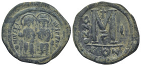 Justin II and Sophia (565-578) AE Follis (Bronze, 29mm, 15.8 g) Constantinople Obv: D N VSTINVS P P AV, Justin left and Sophia right, seated facing on...