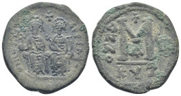 Justin II, with Sophia. 565-578. AE Follis. Cyzicus (13.3 Gr. 28mm.) 
Justin and Sophia, both nimbate, enthroned facing; Justin holding globus crucige...