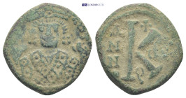 Maurice Tiberius. 582-602. Æ Half Follis (20mm, 4.85 g). Theoupolis (Antioch) mint. Dated RY 11 (592/3). Crowned bust facing, wearing consular robes, ...