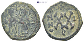 Phocas Æ 20 Nummi. (20mm, 5.0 g)Theoupolis (Antioch), dated RY 1 = AD 602/3. O N FOCA NE PE AV, Phocas and Leontia standing facing, holding globus cru...
