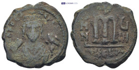 Phocas Æ 40 Nummi. (26mm, 10.6 g) Antioch, dated RY 8 = AD 609/10. D N FOCA NЄ PЄ AV, crowned bust facing , wearing consular robes, holding globus cru...