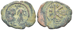 Revolt of the Heraclii. 608-610. Æ (29mm, 5.4 g) Half Follis Alexandria mint, 1st officina. Dated IY 14 (610). Facing busts of Heraclius, on left, and...
