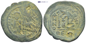 Heraclius, with Heraclius Constantine. 610-641. Æ Follis (35mm, 11.45 g). Thessalonica mint, 2nd officina. Heraclius and Heraclius Constantine standin...
