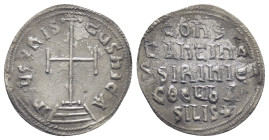 Constantine VI with Irene AD 780-797. Constantinople Miliaresion AR (21mm., 1.6 g). IhSUS XRISTUS NICA, cross potent on three steps within triple bord...