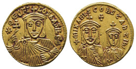 Theophilus (AD 829-842), with Constantine and Michael II. AV solidus (4.4 Gr. 20mm.). Constantinople, AD 831-840. 
+ ΘЄOFI-LOS bASILЄ Θ, crowned facin...