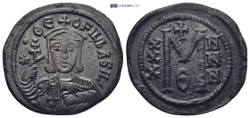 Theophilus Æ 40 Nummi. (30mm, 7.1 g) Constantinople, AD 829-831. ΘΕΟFΙL' BASIL', bust of Theophilus facing, wearing crown and chlamys, holding patriar...