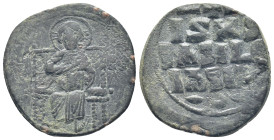 Anonymous. 40 Nummi. Constantinople, c. 1050 - c. 1060. (7.8 Gr. 27mm.)
Christ seated on square-backed throne facing, bearded, with cross nimbus havin...
