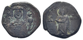 John II Comnenus Æ (16mm, 2.0 g) Half Tetarteron. Thessalonica, circa AD 1137-1143(?). Christ standing facing on dais; IC-[XC] across fields / IѠ ΔЄC[...