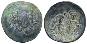 Alexius III Angelus-Comnenus AD 1195-1203. Constantinople Trachy Æ (22mm., 2.3 g). Facing bust of Christ Emmanuel / Alexius and St. Constantine standi...