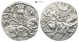 EMPIRE OF TREBIZOND. Manuel II (1332). Asper.(1.6 Gr. 18mm.)
St. Eugenius, holding cruciform sceptre and with head facing, riding horse right; uncerta...