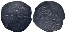 Michael VIII, Palaeologos. 1258/61-1282. AE trachy (25mm, 2.75 g). Constantinople mint. The Virgin Mary enthroned facing / , Michael, on left, kneelin...