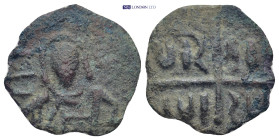 Crusader States, Edessa (County). Joscelin I or II Æ Follis. (22mm, 2.7 g) 1119-1150. Nimbate and crowned bust, holding book of Gospels and cross; unc...
