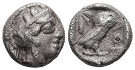 Attica, Athens. AR Drachm, 3.85 g. - 15 mm. Circa 454-404 BC.
Obv.: Helmeted head of Athena right.
Rev.: AΘE, Owl standing right, head facing; olive s...