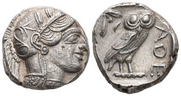 Attica, Athens. AR, Tetradrachm. 17.13 g. - 24.00 mm. Circa 454-404 BC.
Obv.: Helmeted head of Athena right, with frontal eye.
Rev.: AΘE, Owl standing...