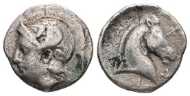 Thessaly, Pharsalos. AR, Hemidrachm. 2.55 g. - 16.00 mm. 3rd quarter of 4th century BC.
Obv.: Head of Athena to left, wearing crested Attic helmet dec...