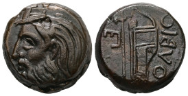 Skythia, Olbia. AE. 11.90 g. - 21.00 mm. Circa 310-280 BC.
Obv.: Horned head of river-god Borysthenes (Dniepr) left.
Rev.: ΟΛΒΙΟ. Axe and bow in bowca...