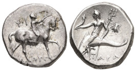 Calabria, Tarentum. AR, Didrachm or Nomos. 6.32 g. - 20.00 mm. Circa 272-240 BC. Phi... and Zopyros, magistrates.
Obv.: Nude youth riding horse walkin...