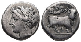 Campania, Neapolis. AR, Didrachm or Nomos. 7.31 g. - 20.00 mm. Circa 275-250 BC.
Obv.: Head of nymph (Parthenope?) left, wearing broad, beaded headban...