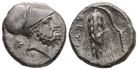 Lucania, Metapontion. AR, Didrachm or Nomos. 7.7 g. - 20 mm. Circa 340-330 BC.
Obv.: Bearded head of Leukippos to right, wearing Corinthian helmet; be...