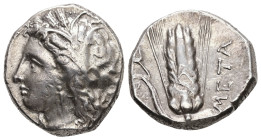 Lucania, Metapontion. AR, Didrachm or Nomos. 7.83 g. - 20 mm. Circa 330-290 BC. Da-, magistrate.
Obv.: Wreathed head of Demeter to left, wearing tripl...