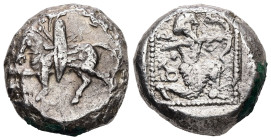 Cilicia, Tarsos. AR, Stater. 10.56 g. - 20.28 mm. ca. late 5th century BC.
Obv.: Horseman, in Persian attire (Satrap) on horseback riding left, reins ...