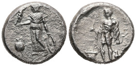Pamphylia, Side. AR, Stater. 10.23 g. - 22.00 mm. Circa 380-370 BC. Die-, magistrate.
Obv.: Athena standing to left, holding shield and small Nike sta...