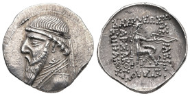 Kings of Parthia. Mithradates II. 121-91 BC. AR, Drachm. 4.10 g. - 21.00 mm. Ekbatana mint. circa 109-96/5 BC.
Obv.: Diademed, draped bust of Mithrada...
