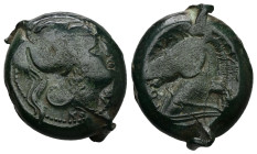 Anonymous, AE, Litra. 6.90 g. - 20.00 mm. Neapolis or Rome mint, after 276 BC.
Obv.: Head of Minerva to right, wearing crested Corinthian helmet, ROMA...