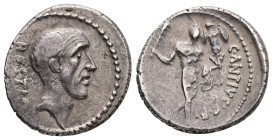 C. Antius C. f. Restio, 47 BC. AR, Denarius. 4.00 g. - 18.00 mm. Rome.
Obv.: RESTIO. Bare head of the (moneyer's father) tribune Antius Restio to righ...