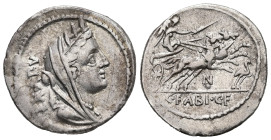 C. Fabius C.f. Hadrianus, 102 BC. AR, Denarius. 3.90 g. - 21.00 mm. Rome.
Obv.: EX•A•PV. Veiled and turreted bust of Cybele to right.
Rev.: C•FABI•C•F...