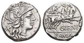 C. Renius, 138 BC. AR, Denarius. 4.05 g. - 17.00 mm. Rome.
Obv.: Helmeted head of Roma right, X (mark of value) to left.
Rev.: Juno Caprotina holding ...