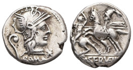 C. Servilius Vatia, 127 BC. AR, Denarius. 3.80 g. 17.00 mm. Rome.
Obv.: ROMA. Head of Roma to right, wearing winged helmet; behind, lituus; before, st...