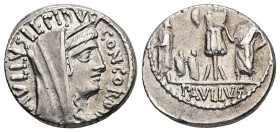 L. Aemilius Lepidus Paullus, 62 BC. AR, Denarius. 3.95 g. - 18.04 mm. Rome.
Obv.: PAVLLVS LEPIDVS CONCORDIA. Veiled and diademed head of Concordia to ...