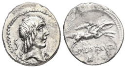 L. Calpurnius Piso Frugi, 90 BC. AR, Denarius. 3.81 g. - 19.00 mm. Rome.
Obv.: Laureate head of Apollo to right; S behind, D before.
Rev.: L PISO FRVG...