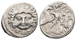 L. Plautius Plancus, 47 BC. AR, Denarius. 3.30 g. - 17.00 mm. Rome.
Obv.: L•PLAVTIVS. Head of Medusa, facing, with coiled snake on either side.
Rev.: ...