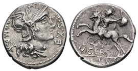 M. Sergius Silus, 116-115 BC. AR, Denarius. 3.90 g. - 18.00 mm. Rome.
Obv.: ROMA EX S C. Head of Roma to right, wearing winged helmet and pearl neckla...