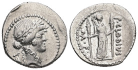 P. Clodius M.f. Turrinus, 42 BC. AR, Denarius. 3.90 g. - 20.00 mm. Rome.
Obv.: Laureate head of Apollo right; lyre to left.
Rev.: P·CLODIVS M F. Diana...