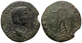 Claudius, AD 41-54. AE, Sestertius. 17.7 g. - 31.00 mm. Rome.
Obv.: TI CLAVDIVS CAESAR AVG P M TR P IMP. Head of Claudius, laureate, right; c/m: DV in...