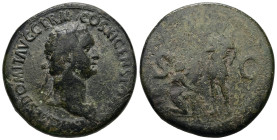 Domitian, AD 81-96. AE, Sestertius. 23.10 g. - 35 mm. Rome.
Obv.: IMP CAES DOMIT AVG GERM COS XI CENS POT P P. Bust of Domitian, laureate, right with ...