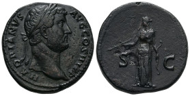 Hadrian, AD 117-138. AE, Sestertius. 26.15 g. - 31.00 mm. Rome, 137-138 AD.
Obv.: HADRIANVS AVG COS III P P. Bust of Hadrian, laureate, right.
Rev. Di...