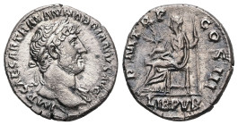 Hadrian, AD 117-138. AR, Denarius. 3.45 g. - 18.00 mm. Rome mint. Struck circa 119-123 AD.
Obv.: IMP CAESAR TRAIAN HARIANVS AVG. Head of Hadrian, laur...