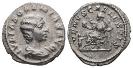 Julia Soemias Augusta, AD 218-222. AR, Denarius. 2.13 g. - 18.00 mm. Rome.
Obv.: IVLIA SOAEMIAS AVG. Bust of Julia Soaemias, hair waved and turned up ...