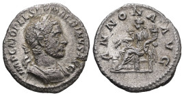 Macrinus, AD 217-218. AR, Denarius. 1.70 g. - 18 mm. Rome.
Obv.: IMP CM OPEL SEV MACRINVS AVG. Bust of Macrinus, laureate, cuirassed, right.
Rev.: ANN...