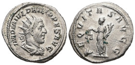 Philip I, AD 244-249. AR, Antoninianus. 3.54 g. - 22.00 mm. Antioch.
Obv.: IMP M IVL PHILIPPVS AVG. Bust of Philip, radiate, draped, cuirassed, right....